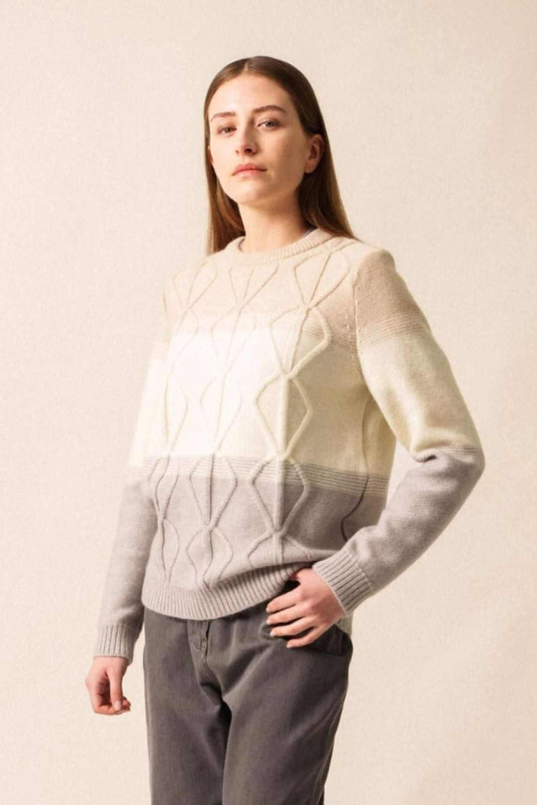 Pull en mohair structuré, col rond, dégradé de couleurs, coupe droite, élégant et moderne.