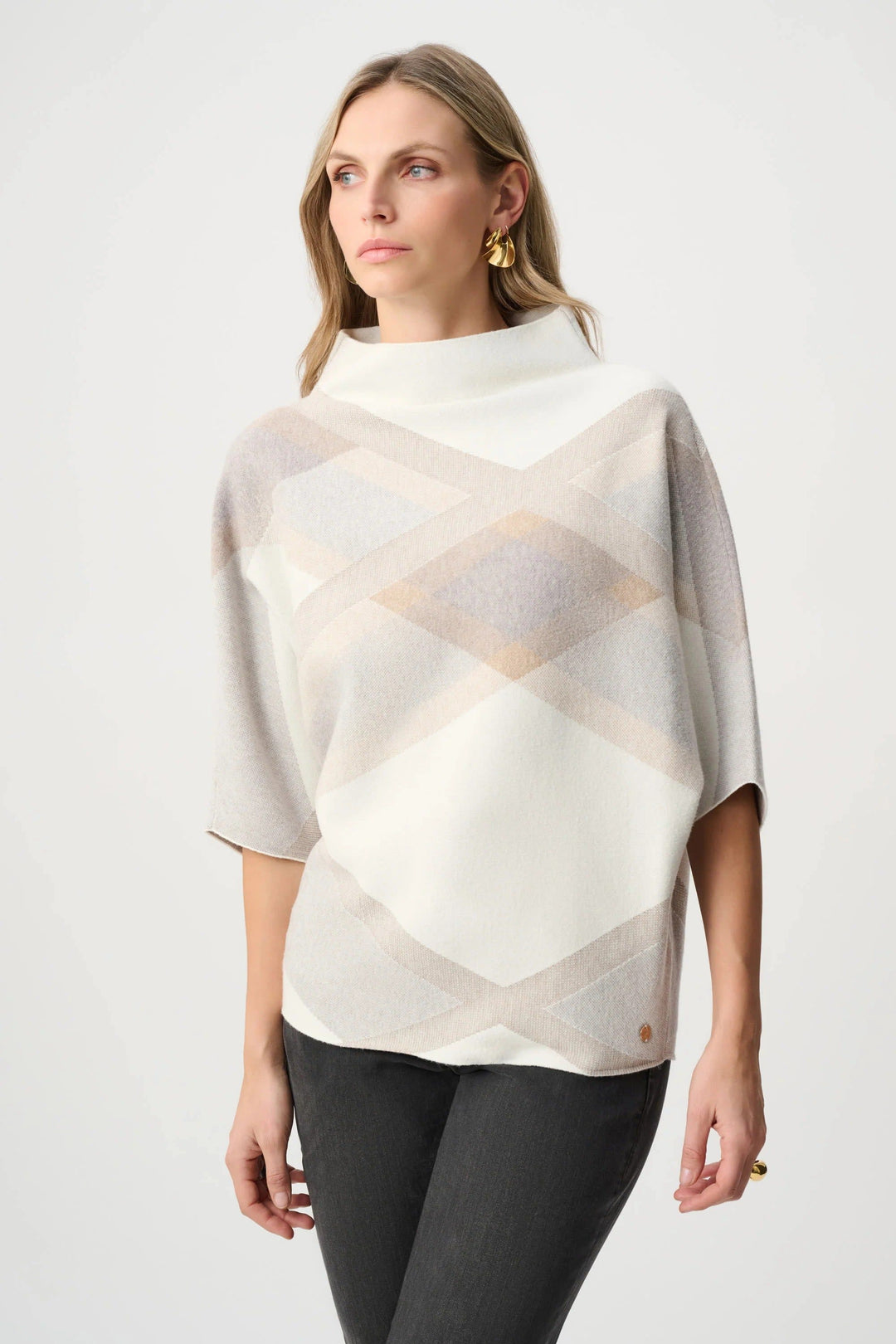 Vue de face pull géométrique Joseph Ribkoff femme bleu à motif - Valérie Simon