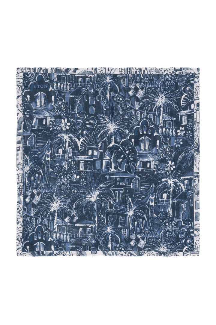 Foulard de poche avec motif artistique inspiré de paysages tropicaux et architectures exotiques.