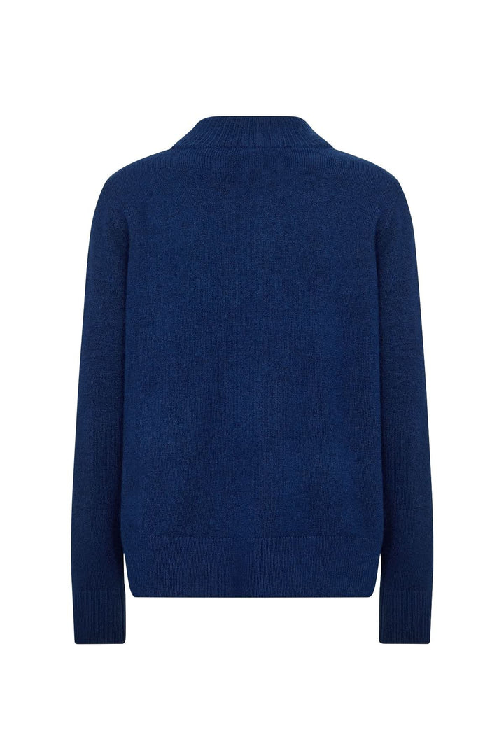 Cardigan zippé en maille douce, col montant, vue arrière, couleur bleu, style décontracté et moderne.