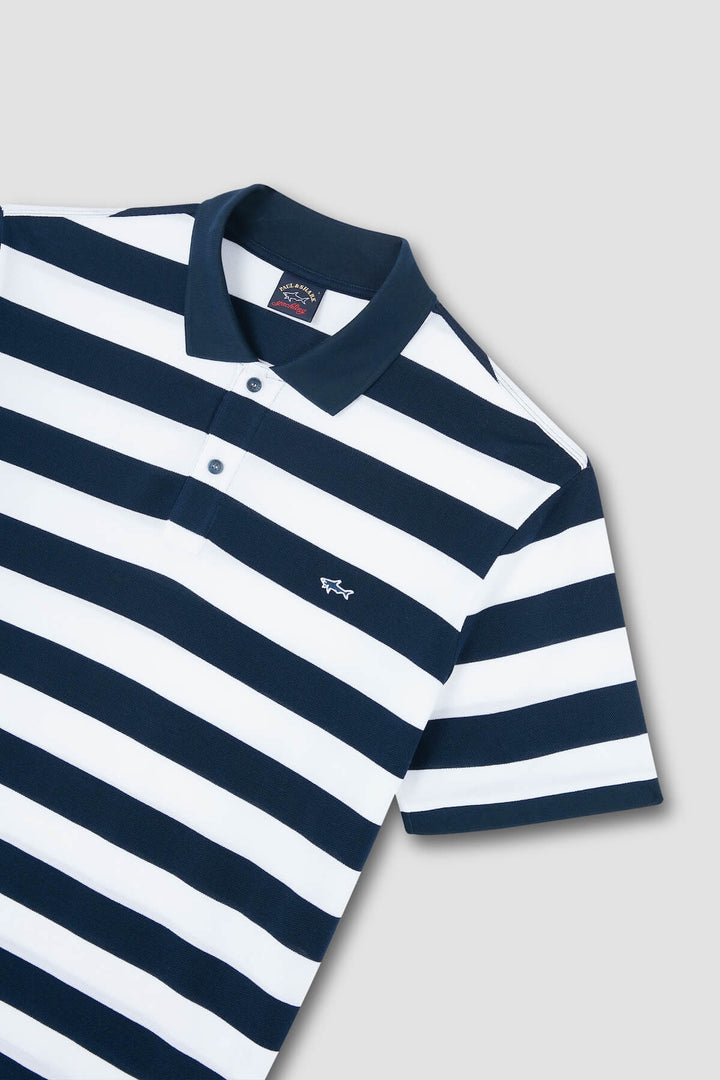 Navy and white striped pique cotton polo shirt