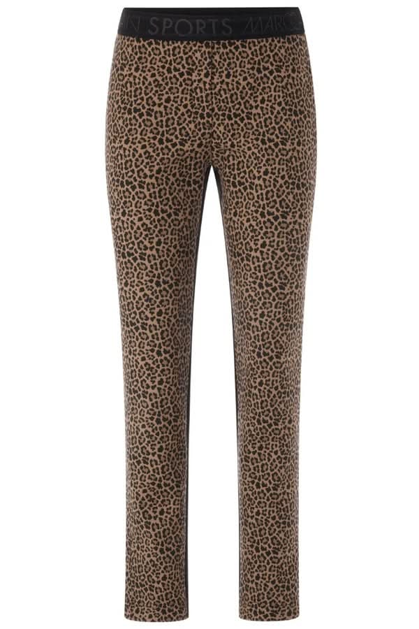 Pantalon ajusté à imprimé animalier avec bandes latérales unies, coupe slim et taille élastique pour confort et style.