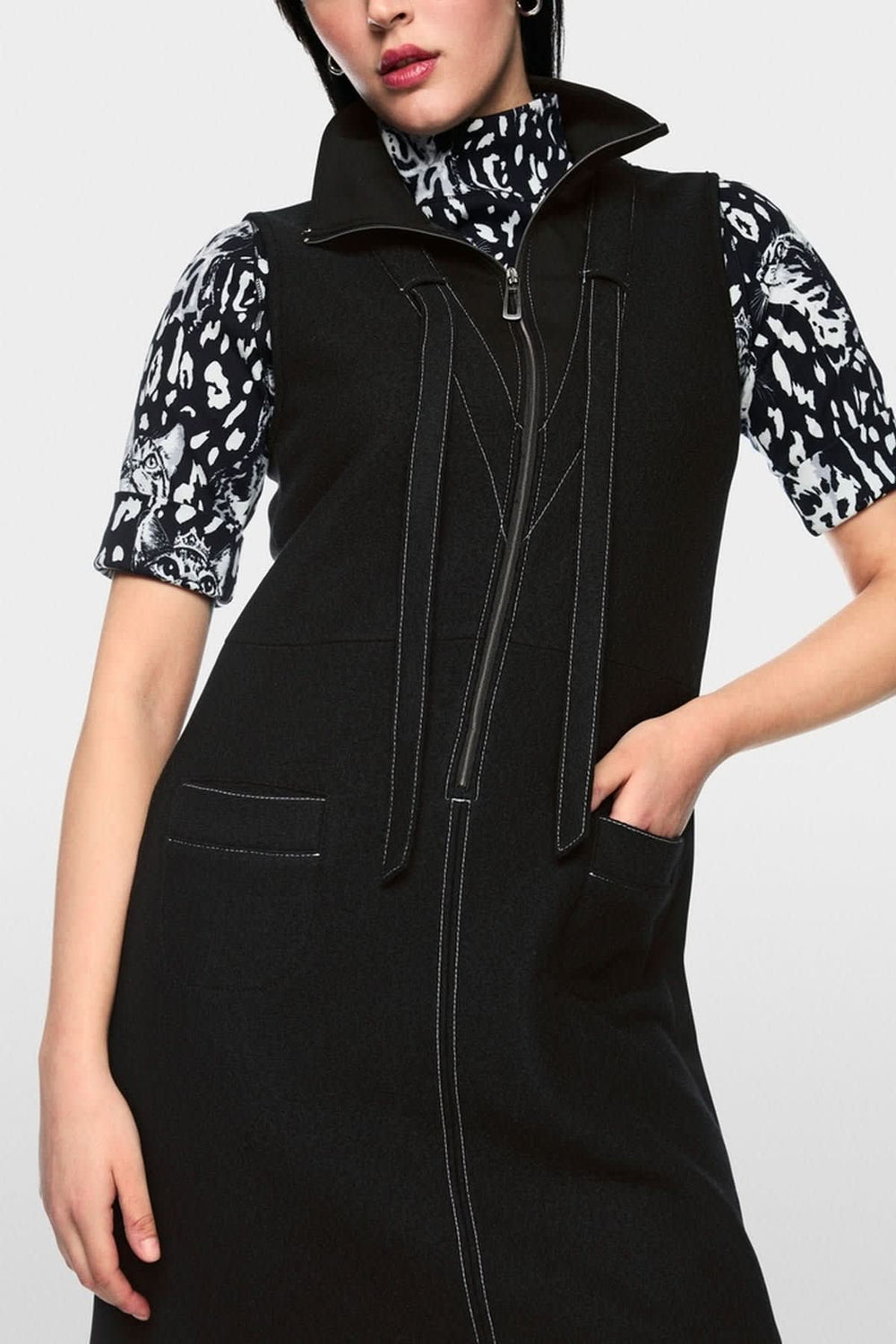 Women's Marc Cain Short Half-Zip Dress with Contrasting Topstitching, Front View
