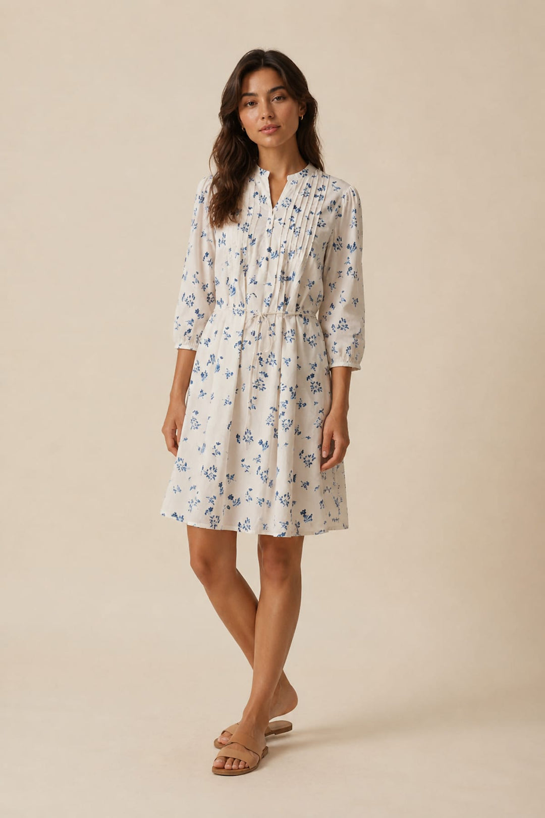Front view of the green Brynja dress with floral patterns and long sleeves Part Two for women - Valérie Simon