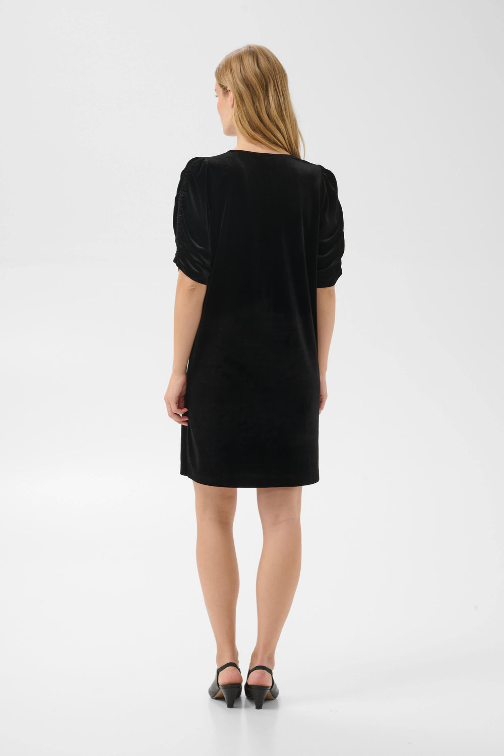 Part Two women's Didem short velvet-effect dress with ruched sleeves, front view