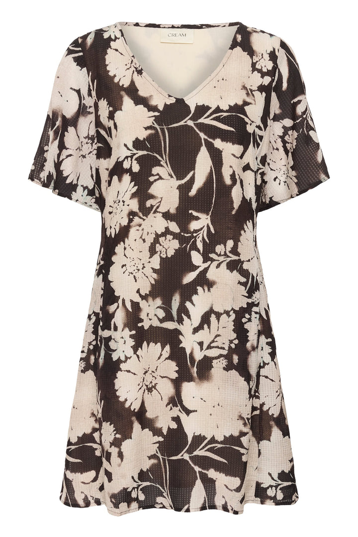 Vue de face robe courte imprimé floral multicolore Cream pour femme avec ceinture fine - Valérie Simon