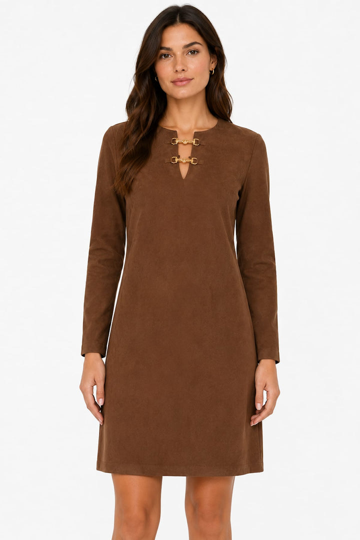 Vue de face robe droite effet suède Joseph Ribkoff pour femme marron avec détails couture - Valérie Simon