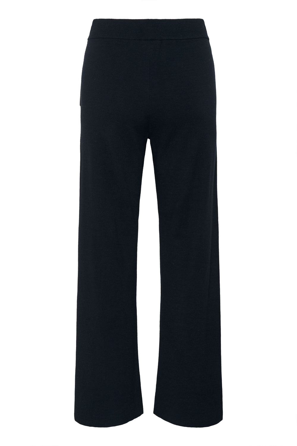 Pantalon en tricot à jambe large noir avec taille élastique, idéal pour un style doux et élégant décontracté.