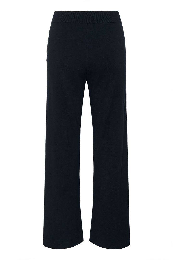 Pantalon en tricot à jambe large noir avec taille élastique, idéal pour un style doux et élégant décontracté.