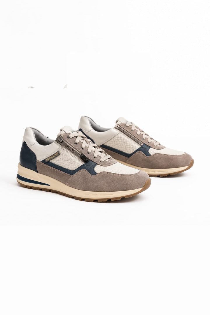 Side view of the Bradley Mephisto sneaker in white leather and gray fabric for men - Valérie Simon