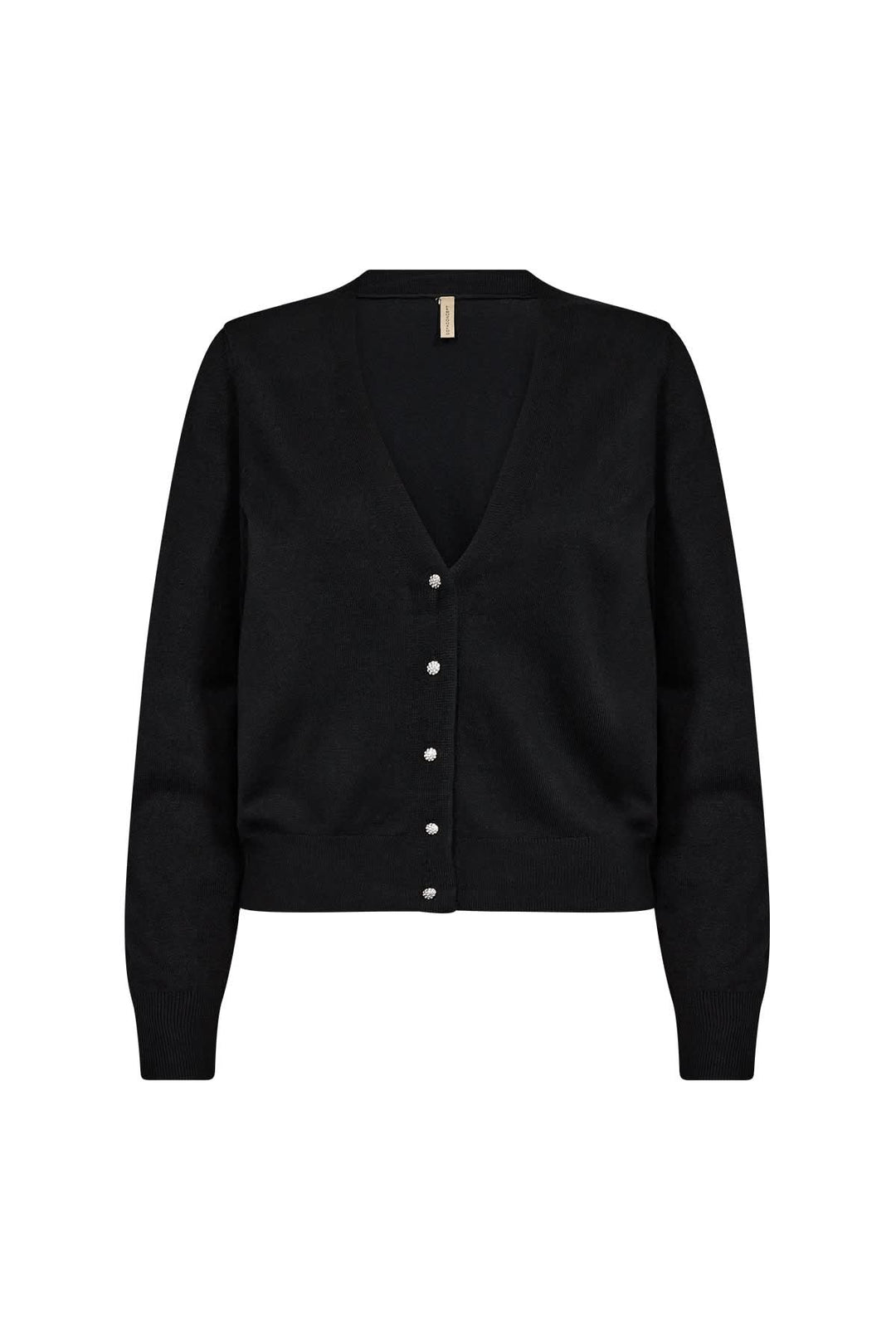 Cardigan classique noir à encolure en V avec boutons brillants, alliant confort et élégance au quotidien.