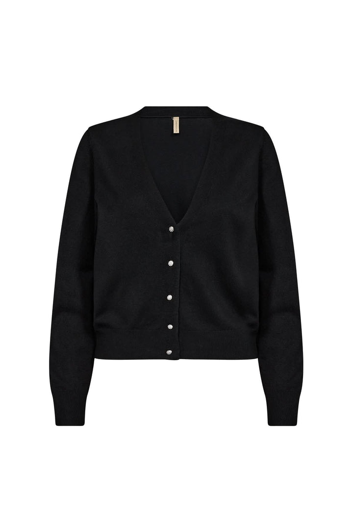 Cardigan classique noir à encolure en V avec boutons brillants, alliant confort et élégance au quotidien.