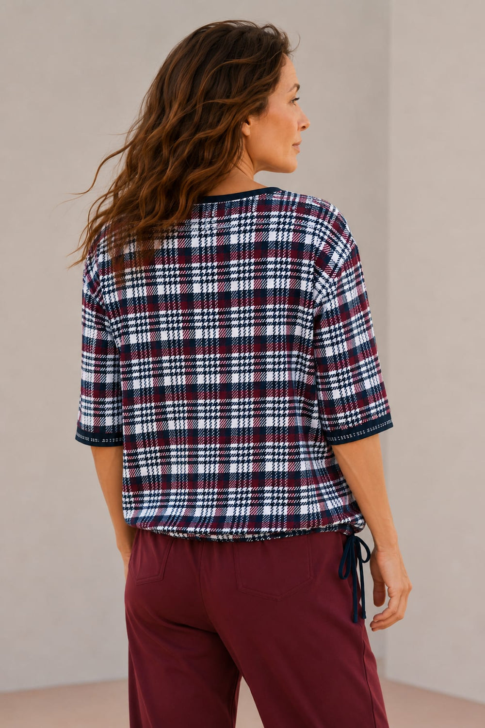 Women's Kennys Checkered T-Shirt with Adjustable Drawstring (Front View)