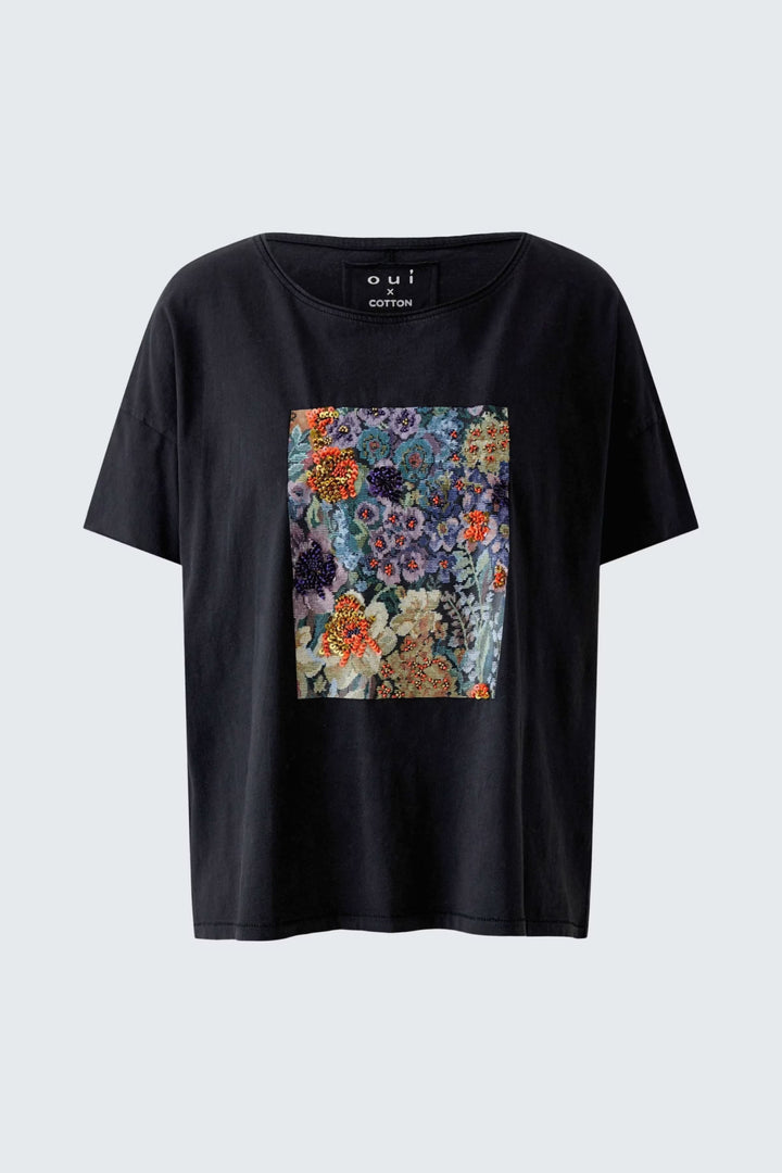 Vue de face T-shirt à motif floral brodé Oui pour femme blanc avec fleurs colorées - Valérie Simon