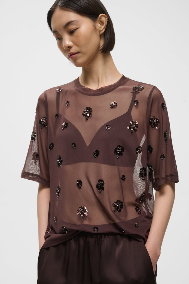 Women’s black Bami T-shirt in sheer tulle with floral sequins, front view Inwear