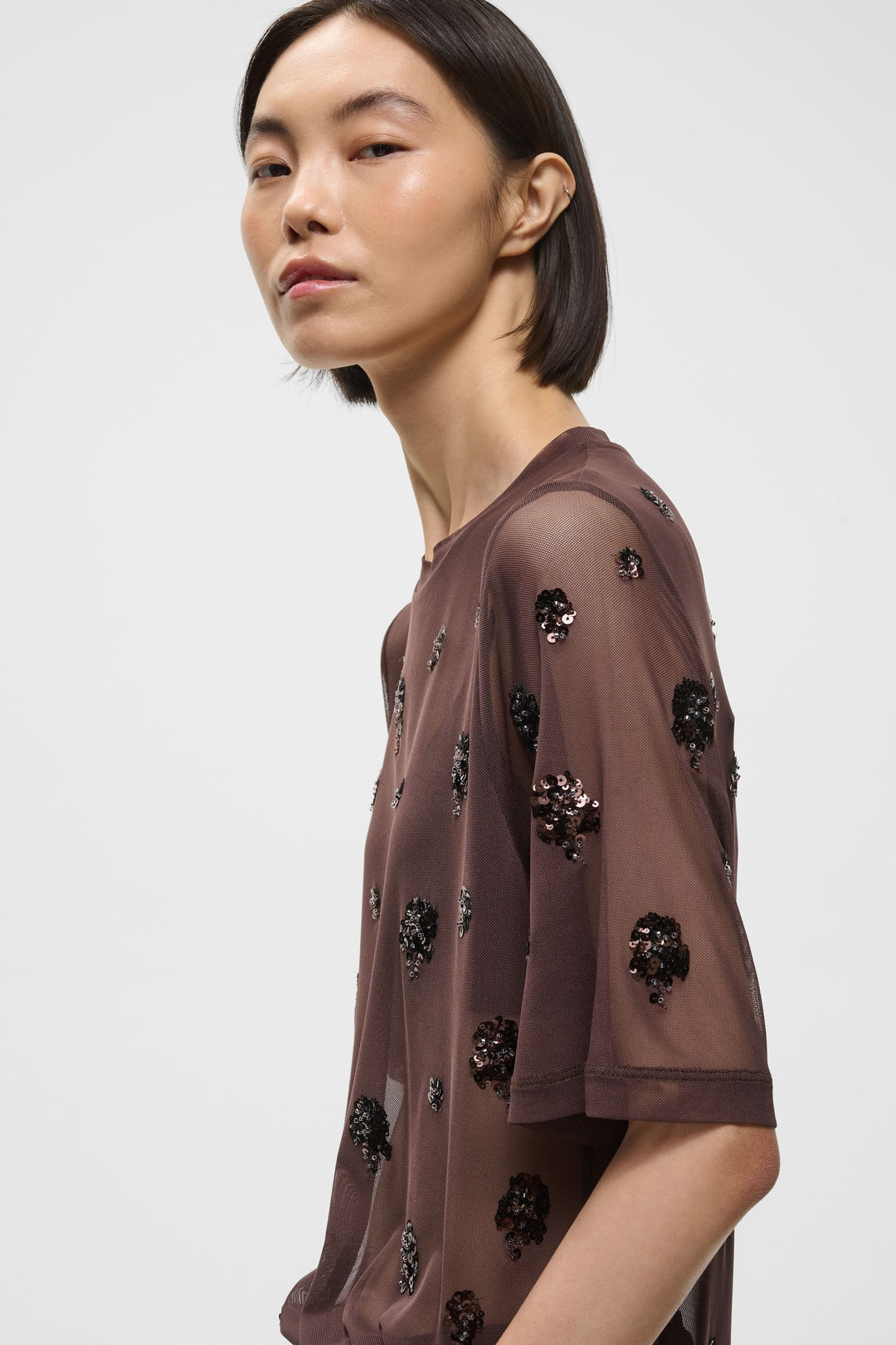 Women’s black Bami T-shirt in sheer tulle with floral sequins, front view InWear