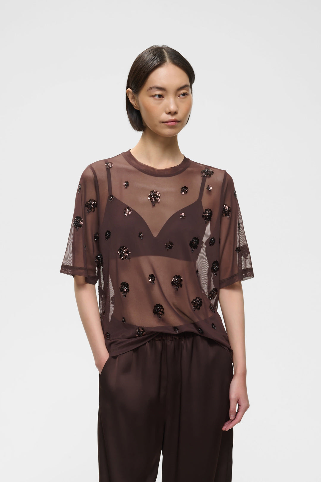Women’s Bami T-shirt in sheer tulle with floral sequins, front view Inwear