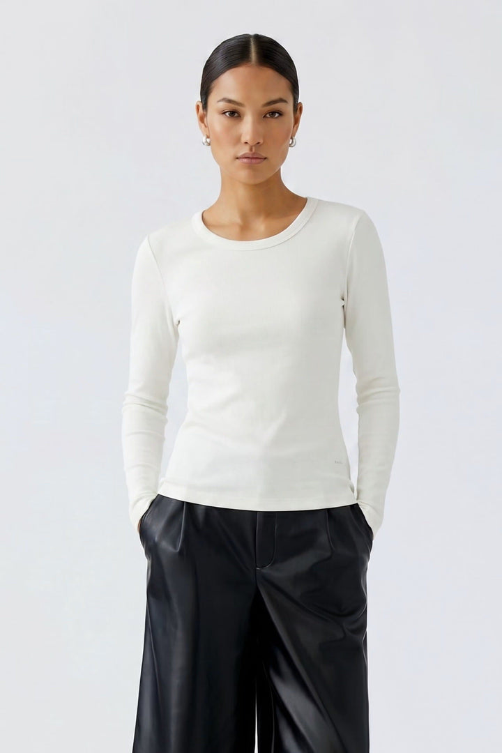Vue de face T-shirt côtelé manches longues bleu pour femme - Valérie Simon