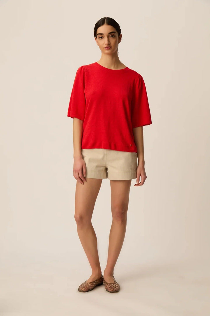 Vue de face T-shirt en tricot Des Petits Hauts à manches courtes rose avec motif floral féminin - Valérie Simon