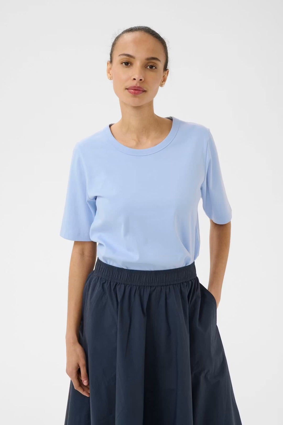 Front view of women's white T-shirt Part Two with a round neckline - Valérie Simon