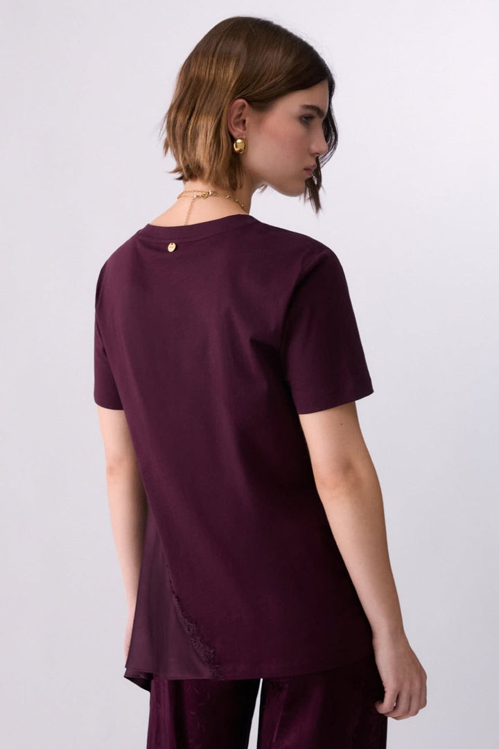 T-shirt long à empiècement satiné vue de face pour femme liujo