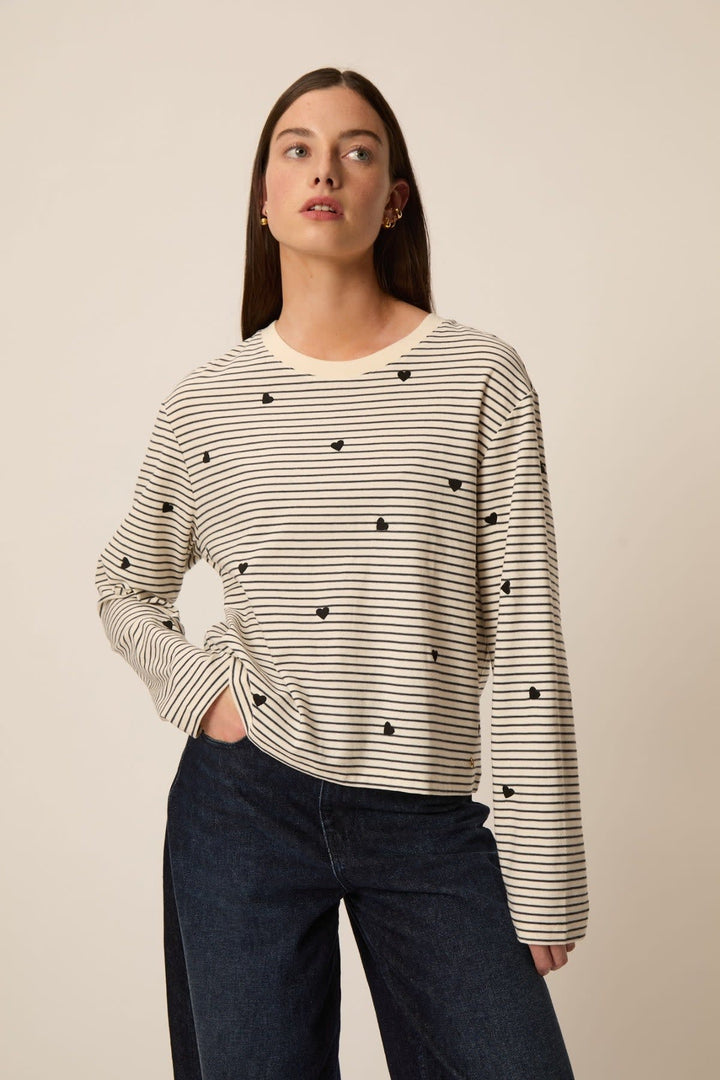 Josephine Striped T-Shirt with Embroidered Hearts—Front View for Women Des Petits Hauts