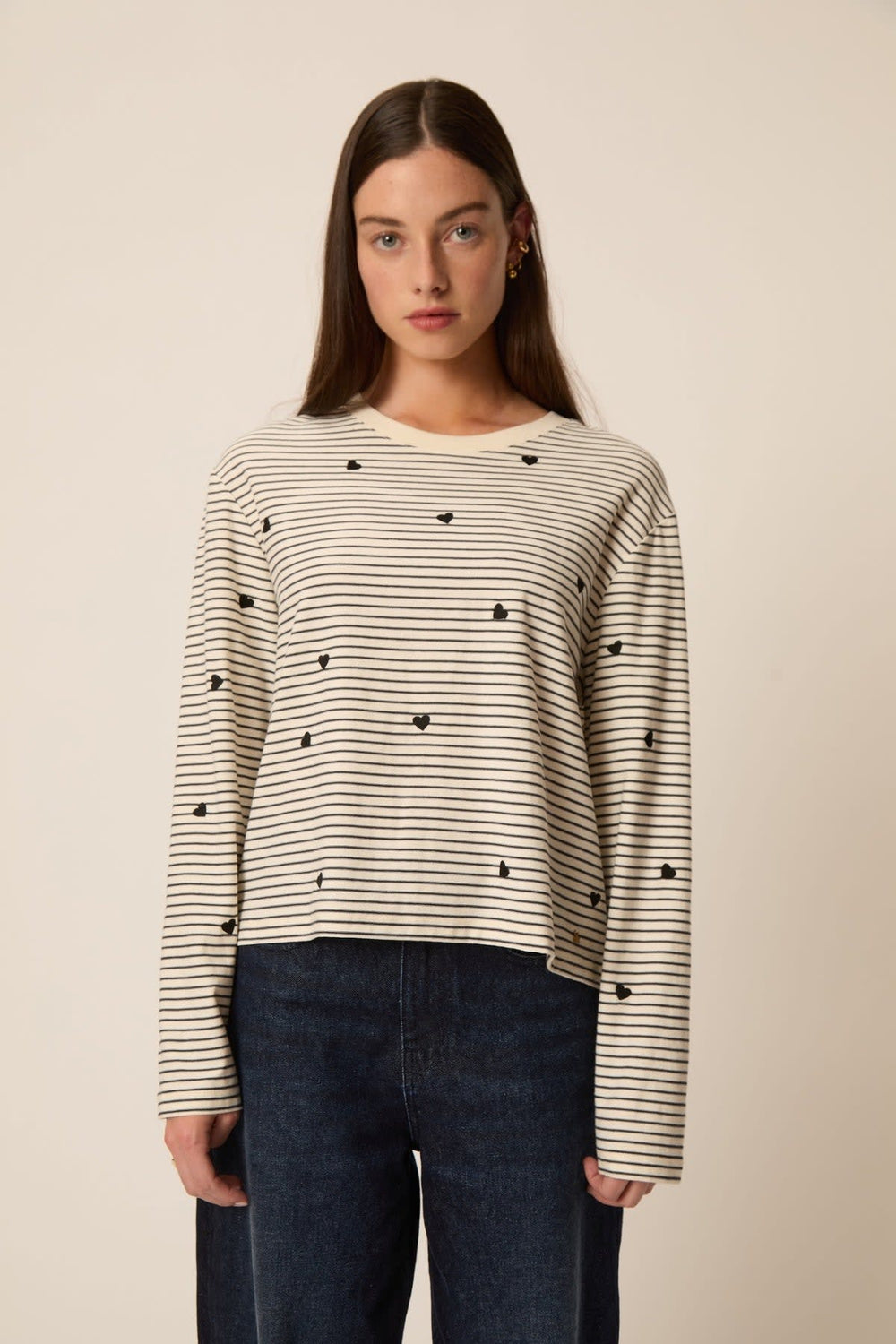 Women's Striped T-Shirt with Embroidered Hearts (Front View) Des Petits Hauts