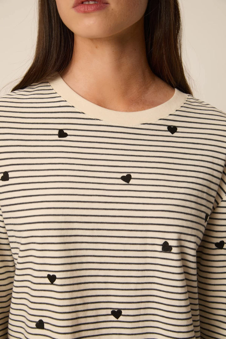 Striped T-shirt with embroidered hearts in ecru and blue navy, front view, for women Des Petits Hauts