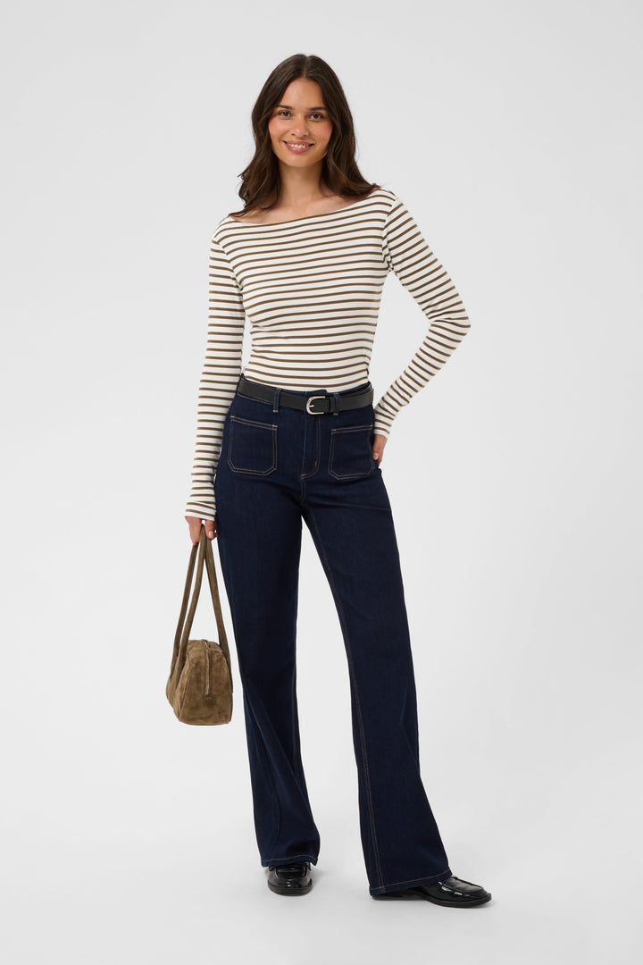 T-shirt Liddy rayé bleu marine et blanc à manches longues vue de face pour femme Kaffe