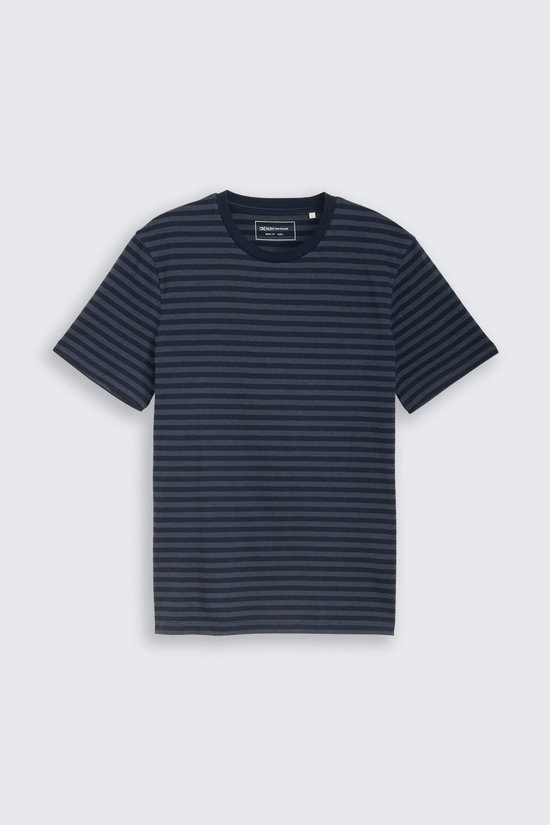 Vue de face T-shirt rayé Tom Tailor pour homme blanc et bleu avec détails col rond - Valérie Simon