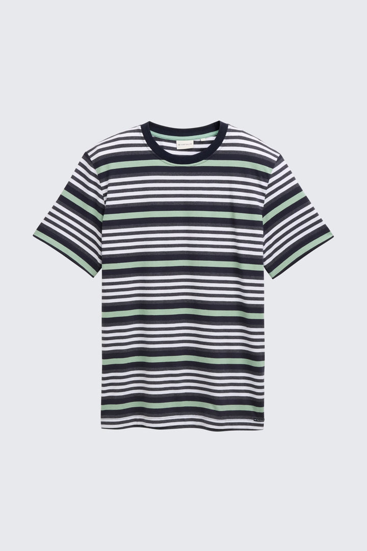 Vue de face T-shirt rayé moderne Tom Tailor pour homme bleu et blanc - Valérie Simon