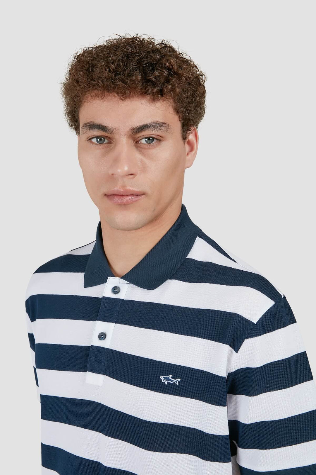 Navy and white striped pique cotton polo shirt