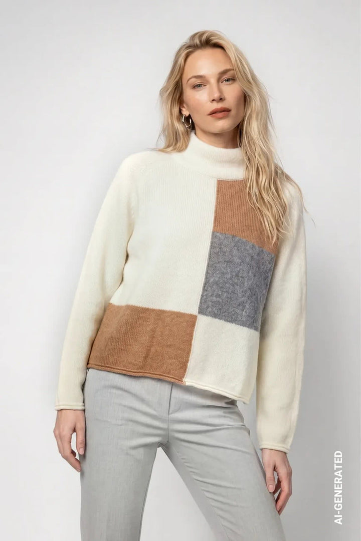 Tricot à col montant color block vue de face pour femme Monari
