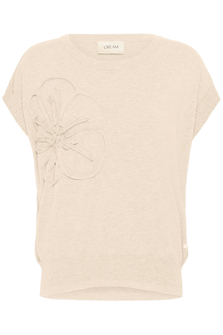 Front view of a knitted top with appliqué flower Cream for women, white - Valérie Simon