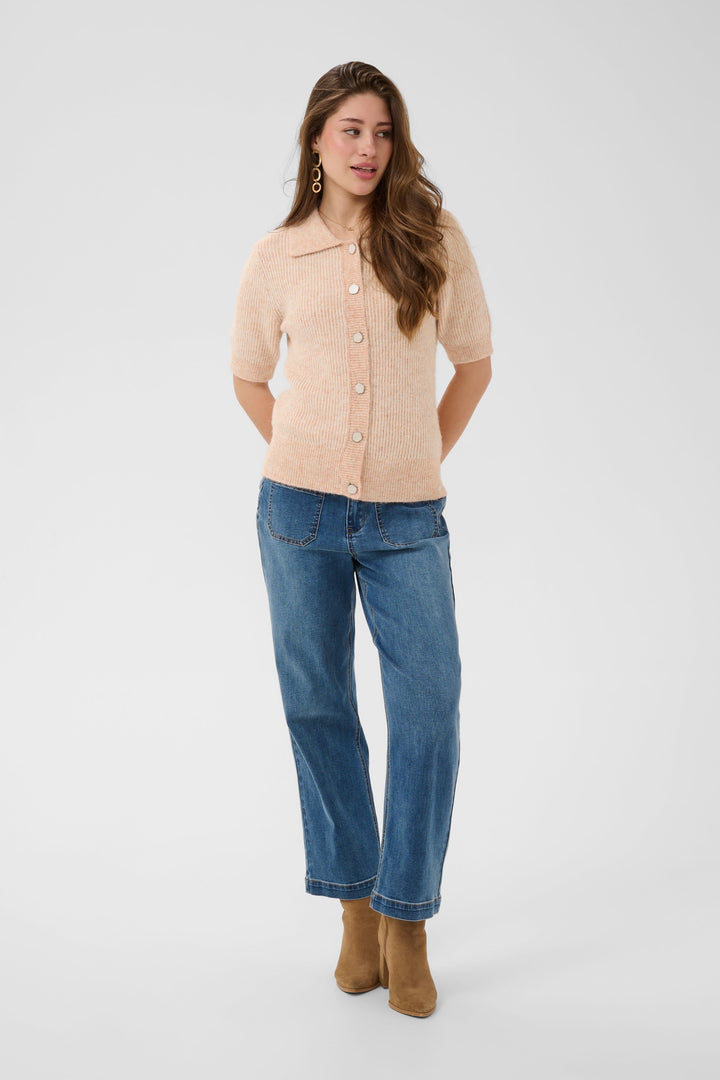 Vue de face tricot boutonné manches courtes Cream femme beige - Valérie Simon