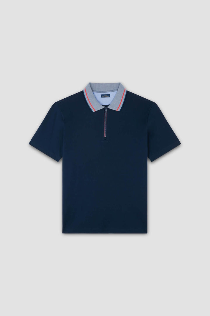 Cotton polo shirt with contrasting collar and zip fastening