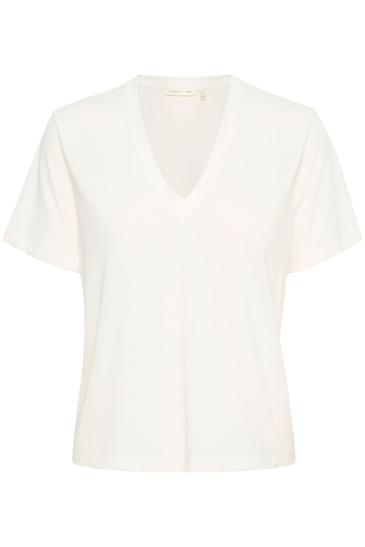 T-shirt col en V Liliana blanc avec coupe droite et manches courtes, confortable et moderne pour usage quotidien.