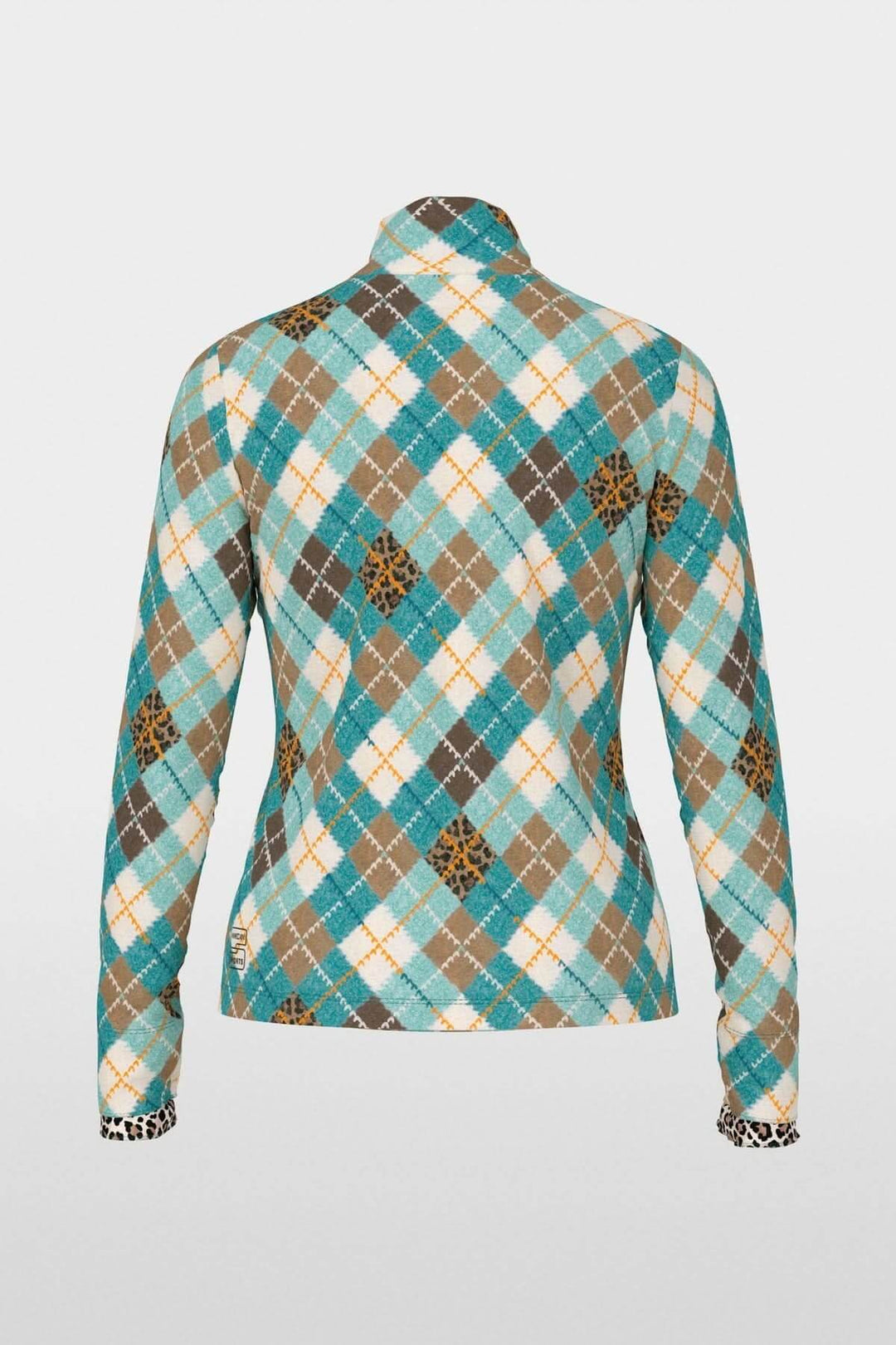 Chandail à manches longues avec motif argyle multicolore et col montant, coupe ajustée et féminine, parfait pour le quotidien.