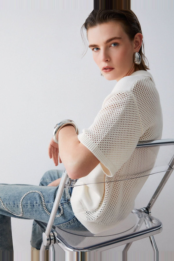 Knitted sweater with polo collar and rhinestones