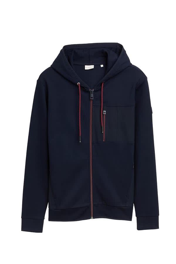 Vue de face veste à capuchon zippée Tom Tailor pour homme noire, détails coutures - Valérie Simon