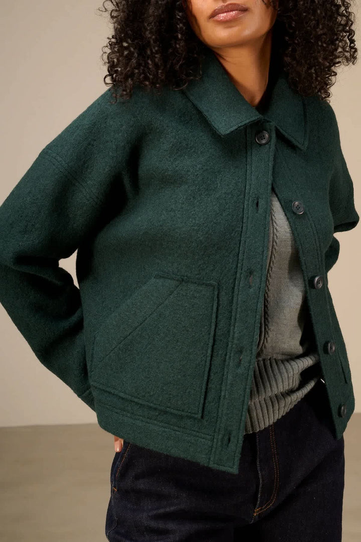 Nile women’s cropped button-up shirt-collar jacket, front view