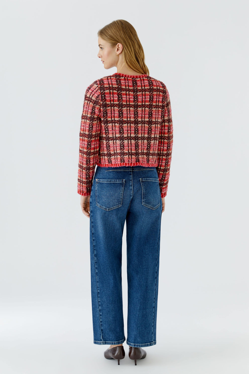 Front view of a short checked knit jacket for women by Oui