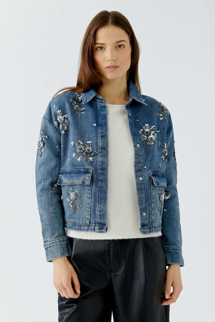 Vue de dos veste broderies florales Oui femme bleu - Valérie Simon
