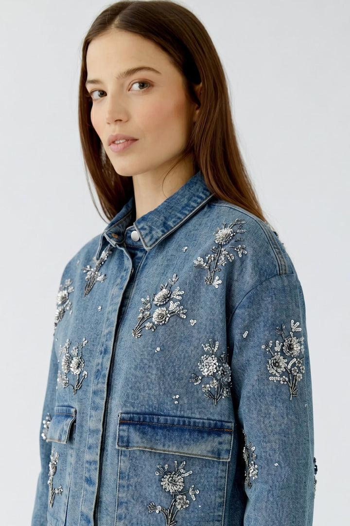 Veste en jean broderies florales vue de dos bleue pour femme - Valérie Simon