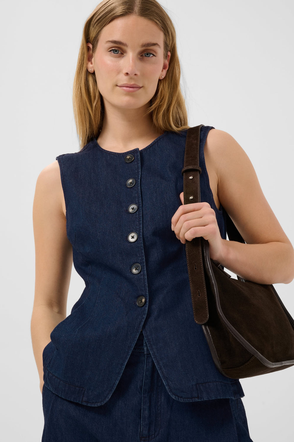 Blue Carolan sleeveless denim jacket front view for women Part Two
