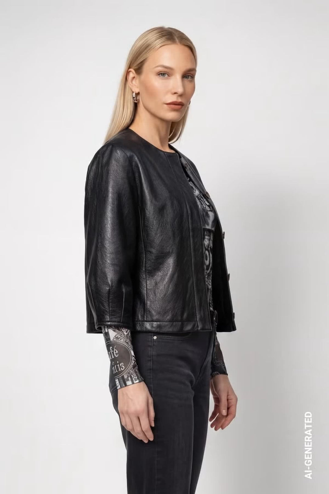 Veste en similicuir à manches ballon vue de face pour femme Monari