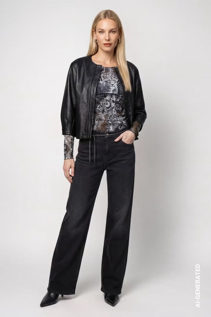Veste en similicuir noire à manches ballon vue de face pour femme Monari