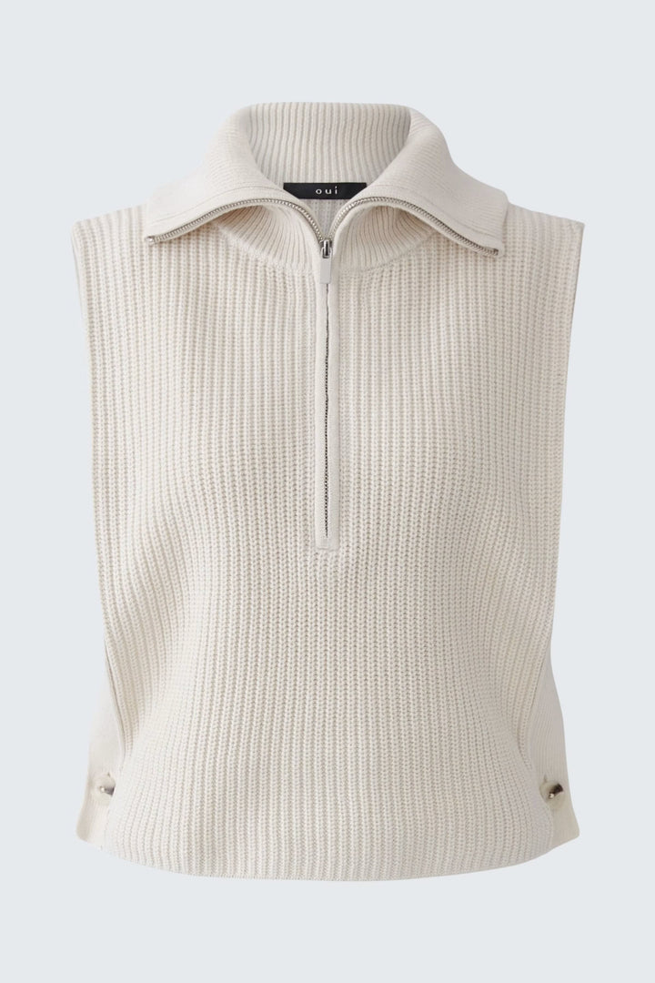Vue de face veste en maille côtelée sans manches beige Oui pour femme - Valérie Simon