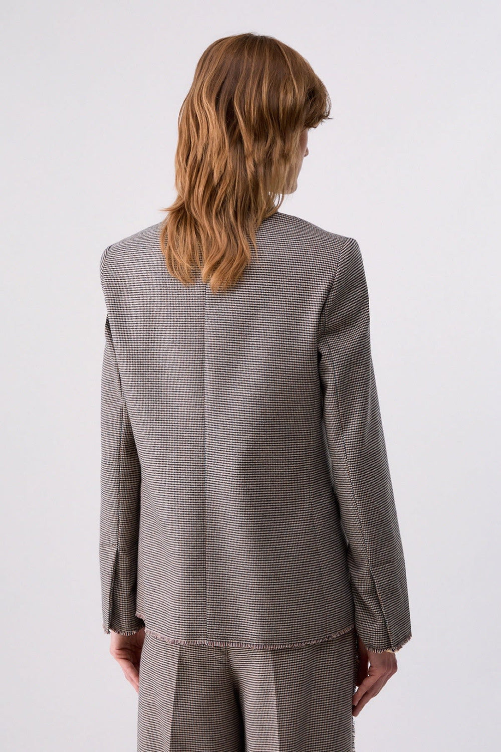 Front view of the women's checked double-breasted blazer by liujo