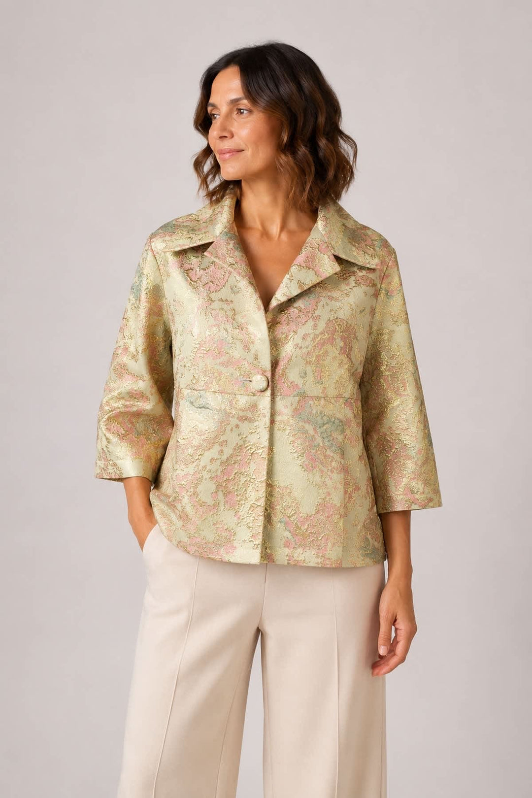 Side view of a gold brocade women's jacket with the Xenia pattern - Valérie Simon